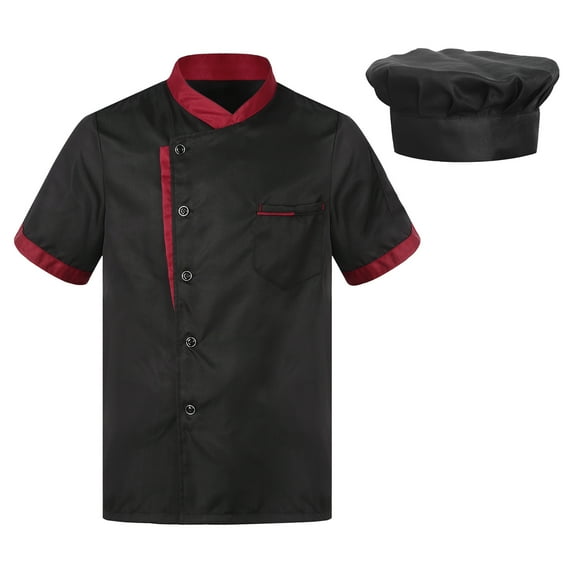 Doomiva Men's Chef Coat with Hat Set Short Sleeve Chef Shirt Hotel Kitchen Restaurant Work Uniform Black XXL