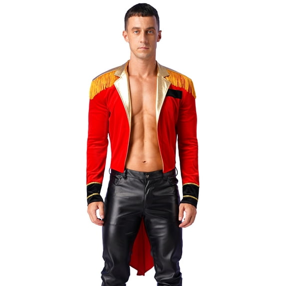 Doomiva Men's Circus Showman Tailcoat Jacket Halloween Dress Up Ring Master Costume Velvet Coat Red L