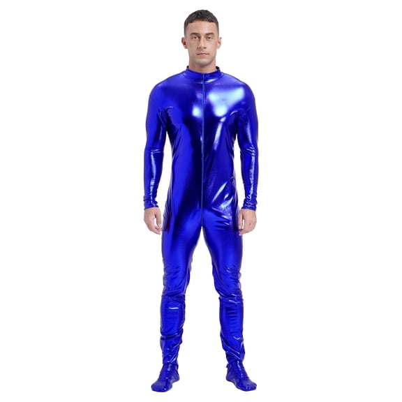 Doomiva Men’s Glossy Shiny Zipper Unitard Sparkly Dance Bodysuits Long Sleeve Full Body Leotard Blue L