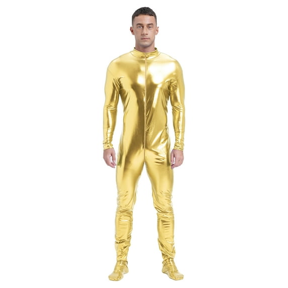 Doomiva Men’s Glossy Shiny Zipper Unitard Sparkly Dance Bodysuits Long Sleeve Full Body Leotard Gold M