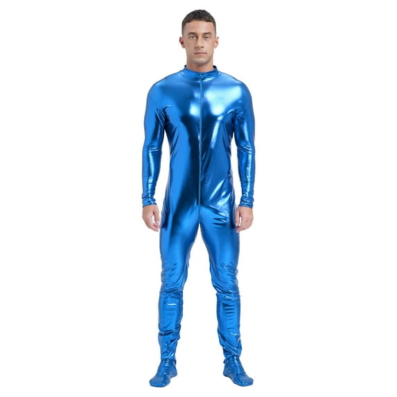 Doomiva Men’s Glossy Shiny Zipper Unitard Sparkly Dance Bodysuits Long Sleeve Full Body Leotard Sky Blue XXL