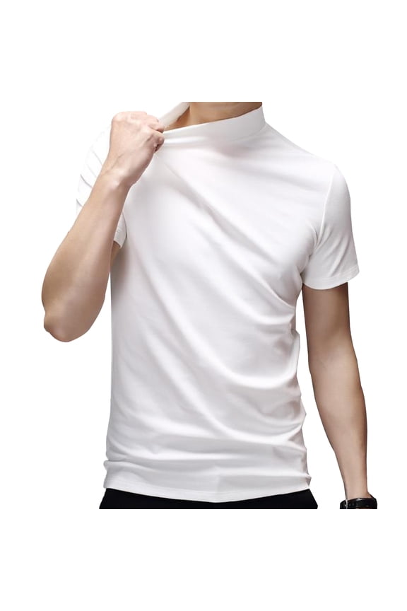 Men's Mock Turtleneck T-Shirt Solid High Collar Short Sleeve Tops Basic Slim Undershirt Tees White M