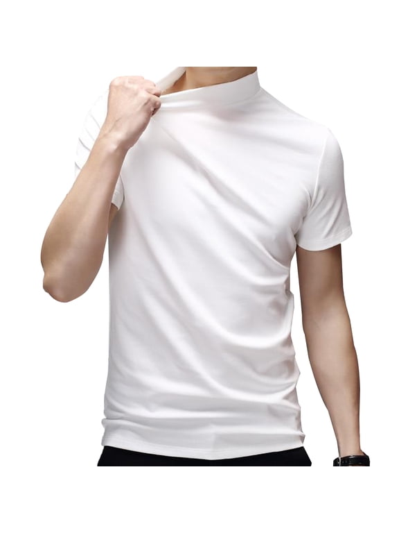 Men's Mock Turtleneck T-Shirt Solid High Collar Short Sleeve Tops Basic Slim Undershirt Tees White M