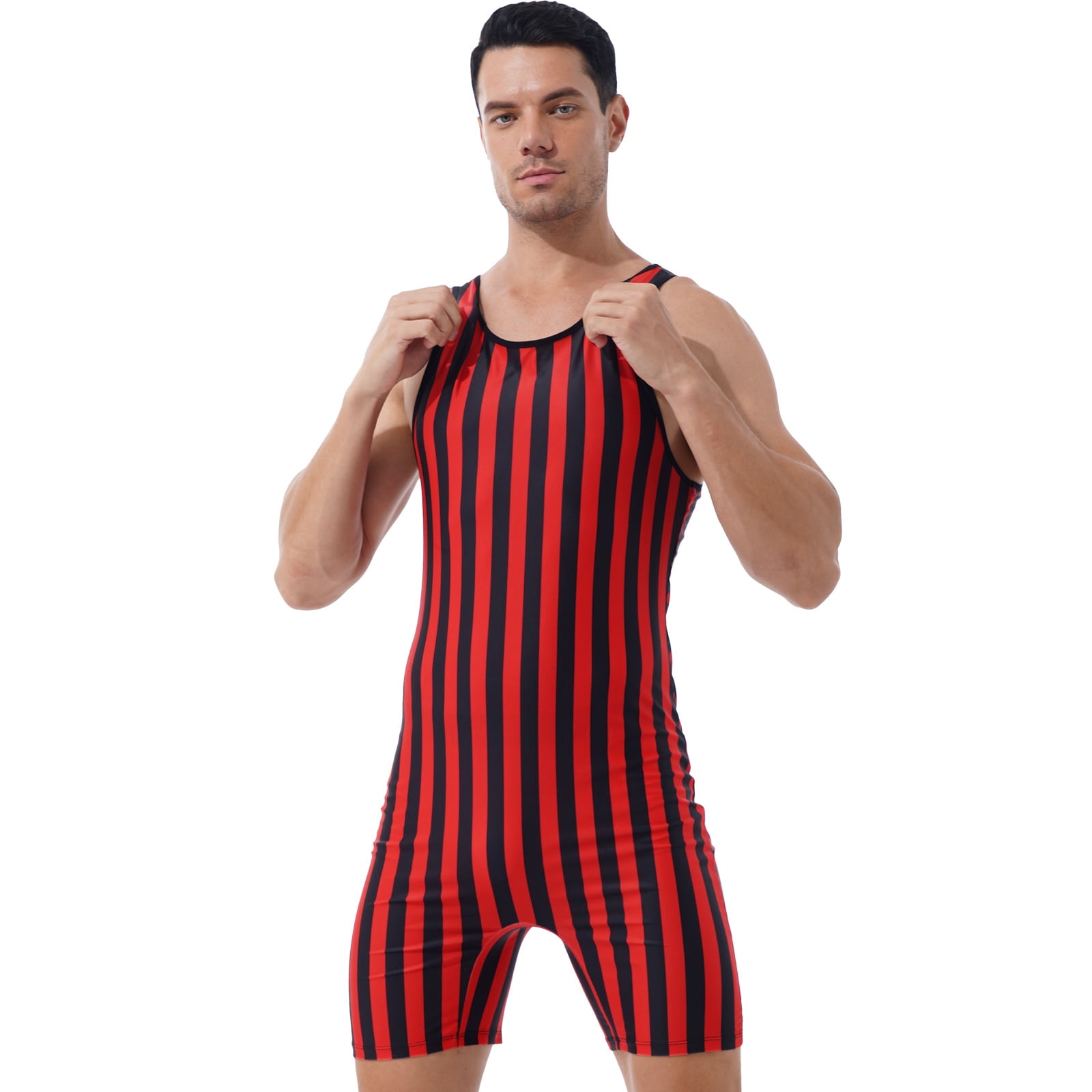 Doomiva Men's One Piece Striped Sleeveless Tank Stretchy Leotard ...