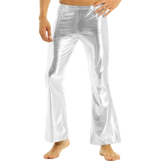 Doomiva Men's PVC Leather Flared Trousers 60s 70s Shiny Metallic Long Pants Bell Bottom Silver XXL