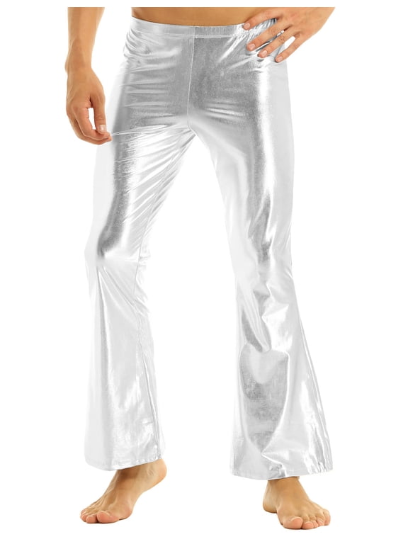Men's PVC Leather Flared Trousers 60s 70s Shiny Metallic Long Pants Bell Bottom Silver XXL