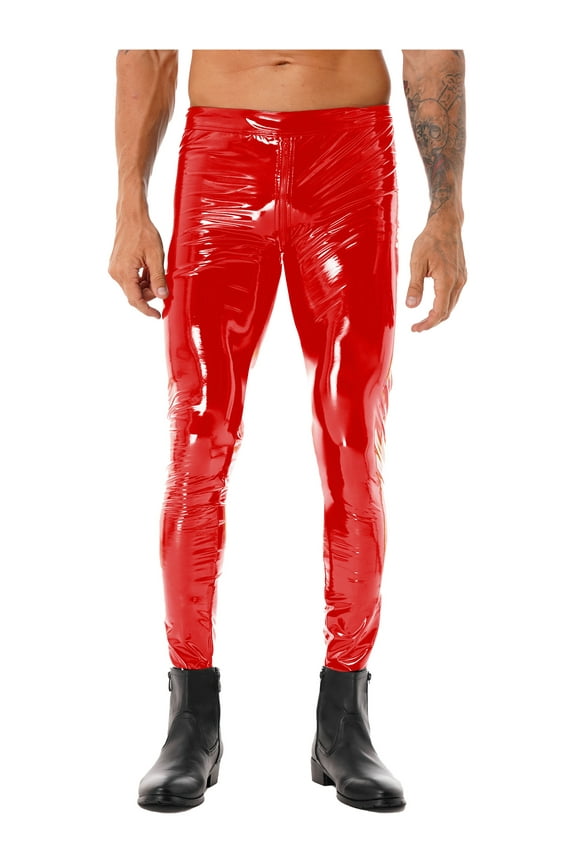 Men's PVC Leather Skinny Pants Stage Club Solid Zipper Crotch Stretch Tight Leggings Red L