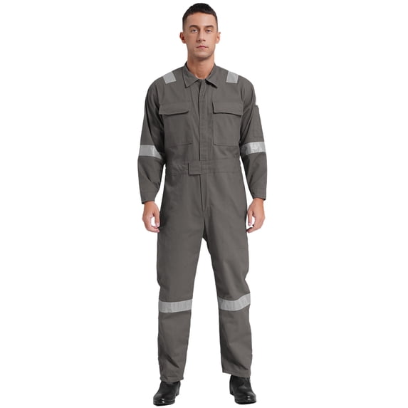 Doomiva Men's Reflective Strips Dungarees Coveralls Trun-down Collar Long Sleeve Jumpsuits Grey L/170