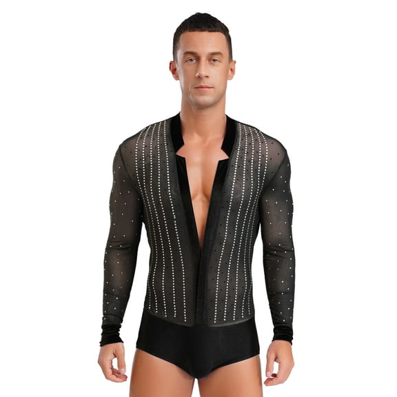 Doomiva Men's Shiny Latin Dance Leotard Deep V-neck Long Sleeve Bodysuit Shirt Black XL