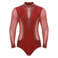 thumbnail image 1 of Doomiva Men's Shiny Rhinestone Dance Leotard Tops Modern Latin Long Sleeve Bodysuit Red XL, 1 of 5