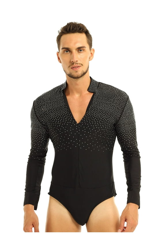 Men's Shiny Rhinestones Unitard Long Sleeve Ballroom Modern Latin Dance Bodysuit Leotard Black Large
