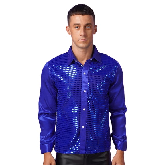 Doomiva Men's Shiny Sequins Design Silk Like Satin Button Up Disco Party Dress Shirts Dance Costume Blue 170