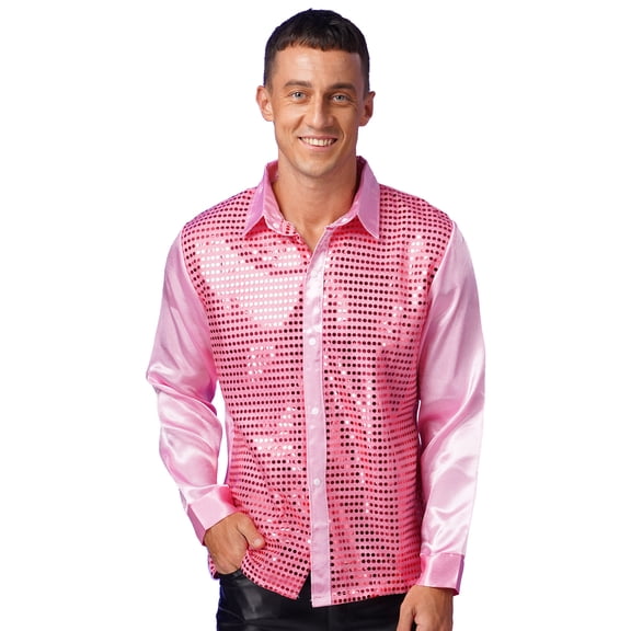 Doomiva Men's Shiny Sequins Design Silk Like Satin Button Up Disco Party Dress Shirts Dance Costume Pink 170