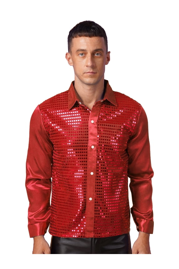 Men's Shiny Sequins Design Silk Like Satin Button Up Disco Party Dress Shirts Dance Costume Red 170