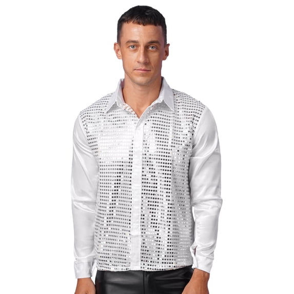 Doomiva Men's Shiny Sequins Design Silk Like Satin Button Up Disco Party Dress Shirts Dance Costume White 170