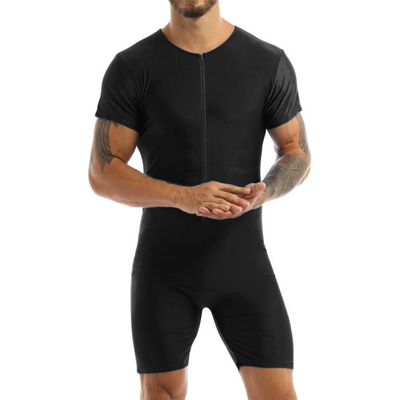 Doomiva Men's Spandex Wrestling Singlet Front Zipper Bodysuit Gym Workout Unitard Black M