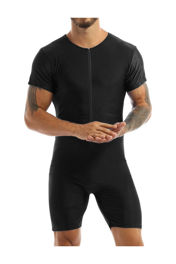 Men's Spandex Wrestling Singlet Front Zipper Bodysuit Gym Workout Unitard Black M