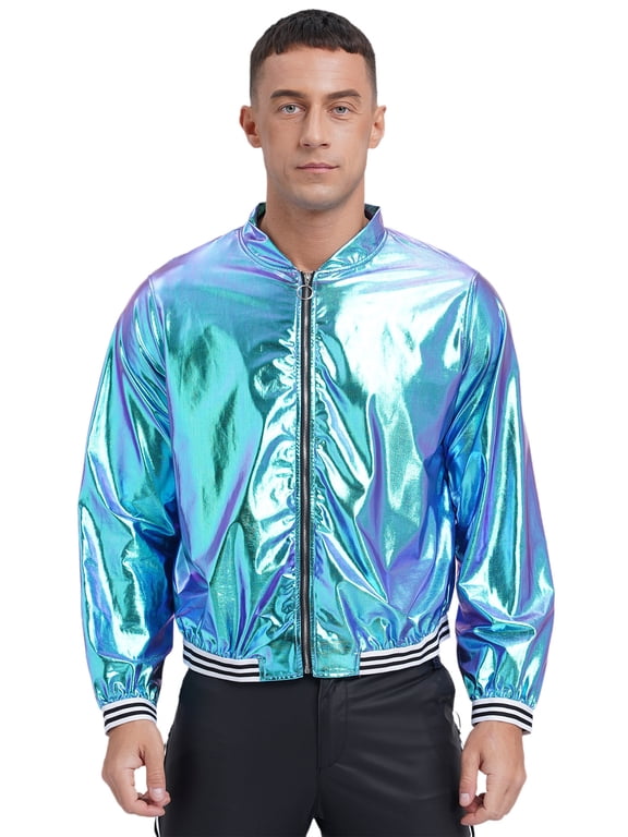Men's Sparkly Bomber Jacket Elastic Striped Bands Front Zipper Coat Lightweight Clubwear Tops Blue L