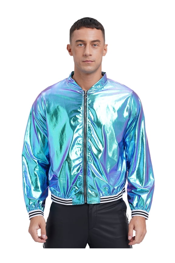 Men's Sparkly Bomber Jacket Elastic Striped Bands Front Zipper Coat Lightweight Clubwear Tops Blue XXL