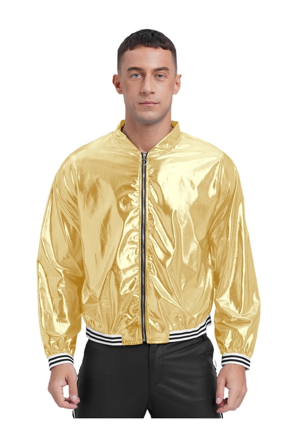 Men's Sparkly Bomber Jacket Elastic Striped Bands Front Zipper Coat Lightweight Clubwear Tops Gold XXL