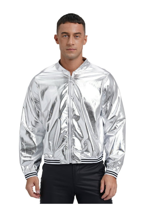 Men's Sparkly Bomber Jacket Elastic Striped Bands Front Zipper Coat Lightweight Clubwear Tops Silver XL