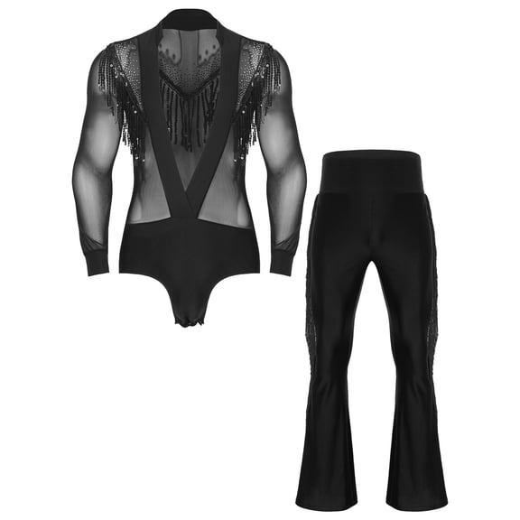 Doomiva Men's Tassel Latin Dance Leotard Outfit Sets Mesh V-neck Rhinestone Ballroom Jazz Dance Shirt with Flare Pant Black XXL