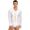 thumbnail image 1 of Doomiva Mens Latin Ballet Ballroom Dance Leotard Long Sleeve Mesh Splice Shiny Rhinestones Shirts White L, 1 of 7