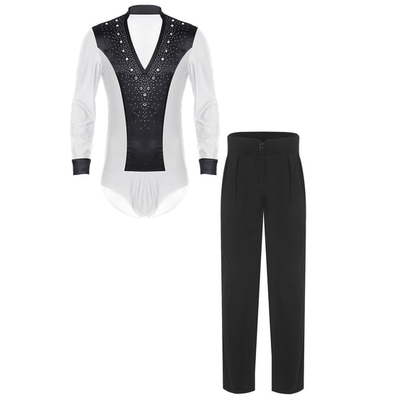 Doomiva Mens Latin Ballet Dance Outfits V Neck Long Sleeve Rhinestone Satiny Bodysuit and High Waist Pants White M