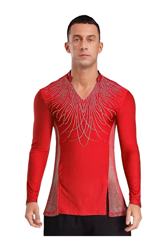 Mens Latin Ballet Dance Top Glittery Rhinestones Lapel V Neck Long Sleeve T-shirt Top Dancewear Red M