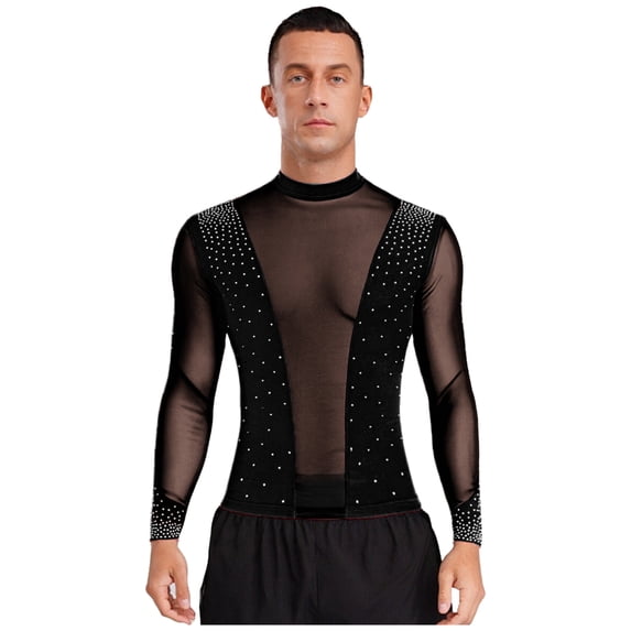 Doomiva Mens Latin Dance Top Sheer Mesh Patchwork Shiny Long Sleeve T-shirt Blouse Black XXL