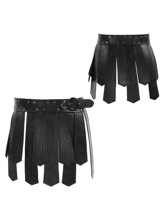 Mens Medieval Tassel Skirt Gladiator Warrior PU Leather Waist Belt Scotland Skirt Wetlook Kilt Skirt Halloween Carnival Cosplay Costume Black One Size
