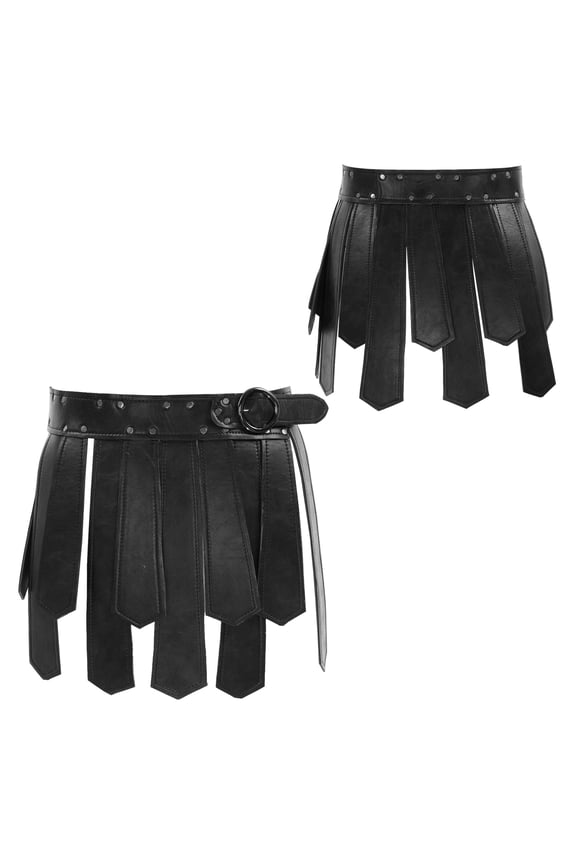 Mens Medieval Tassel Skirt Gladiator Warrior PU Leather Waist Belt Scotland Skirt Wetlook Kilt Skirt Halloween Carnival Cosplay Costume Black One Size