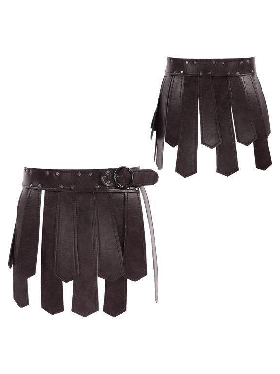 Mens Medieval Tassel Skirt Gladiator Warrior PU Leather Waist Belt Scotland Skirt Wetlook Kilt Skirt Halloween Carnival Cosplay Costume Brown One Size