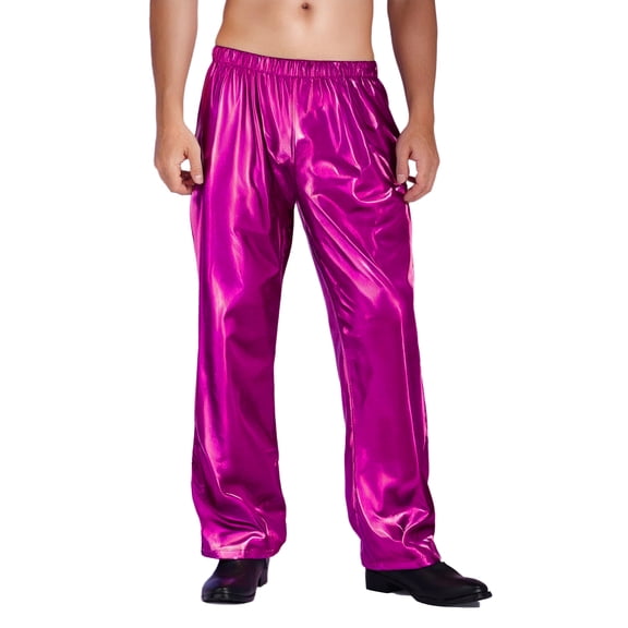 Doomiva Mens Metallic Pants Disco Outfit Elastic Waistband Rave Trousers Sequin Joggers Party Clubwear Red S