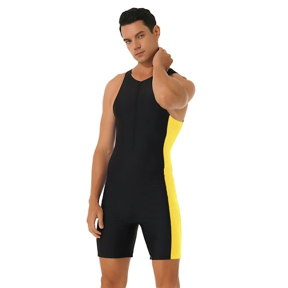Doomiva Mens One Piece Wetsuit Sleeveless Front Zip Swimwear Surfing Bathing Suit Black&Yellow L