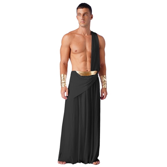 Doomiva Mens One Shoulder Ancient Greek God Toga Skirt Warrior Costume Halloween Cosplay Outfits Black L