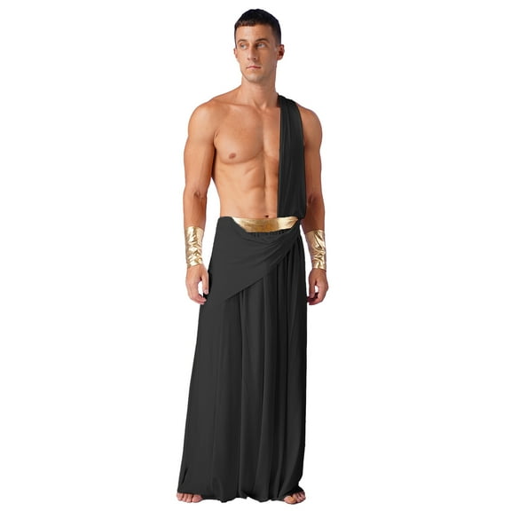 Doomiva Mens One Shoulder Ancient Greek God Toga Skirt Warrior Costume Halloween Cosplay Outfits Black XXL