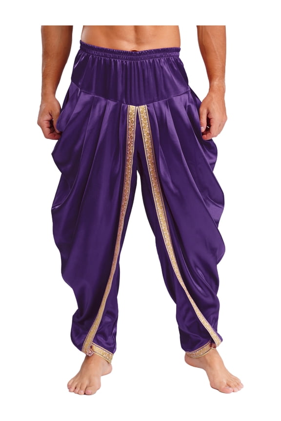 Mens Satin Harem Pants Casual Elastic Waist Pants Baggy Boho Summer Beach Dhoti Trousers Purple XL