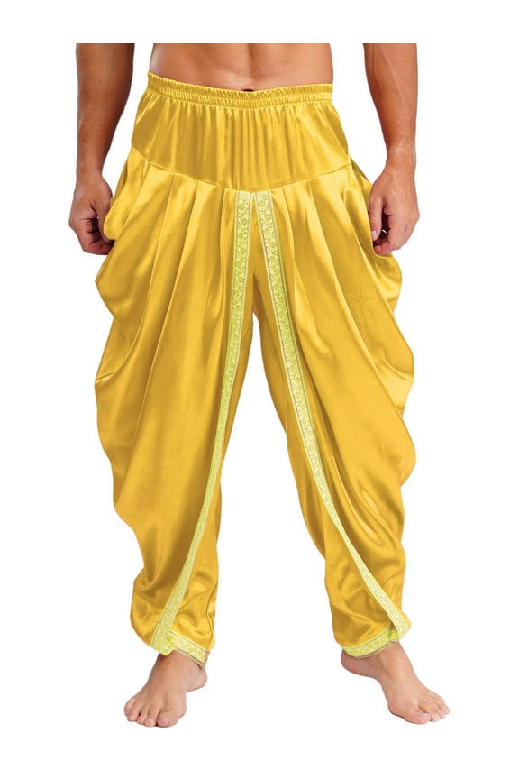 Mens Satin Harem Pants Casual Elastic Waist Pants Baggy Boho Summer Beach Dhoti Trousers Yellow 3XL