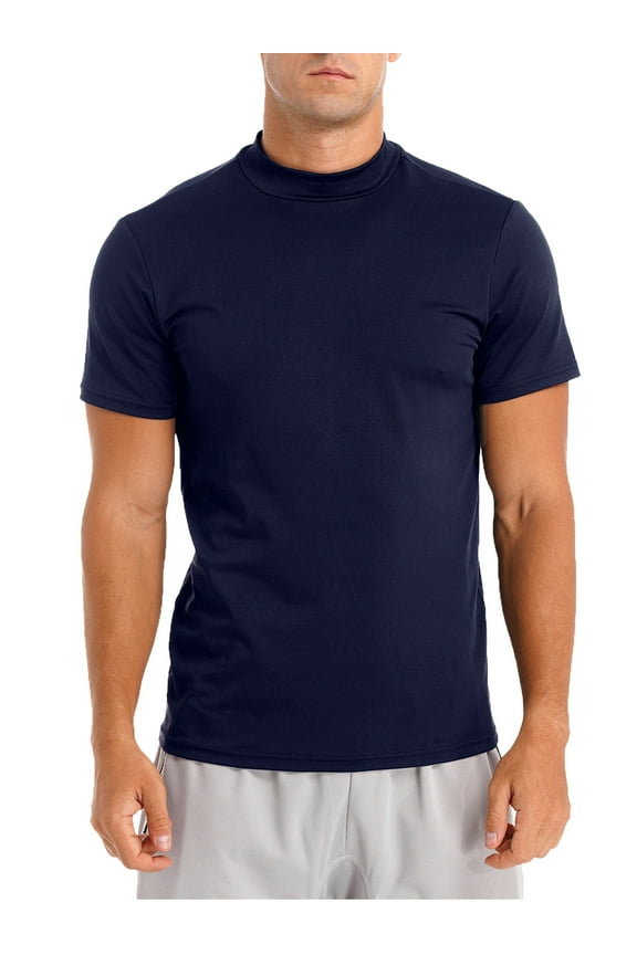 Mens Short Sleeve Basic Tops Mock Turtleneck Casual Pullover T-Shirt Slim Fit Undershirt Navy Blue M