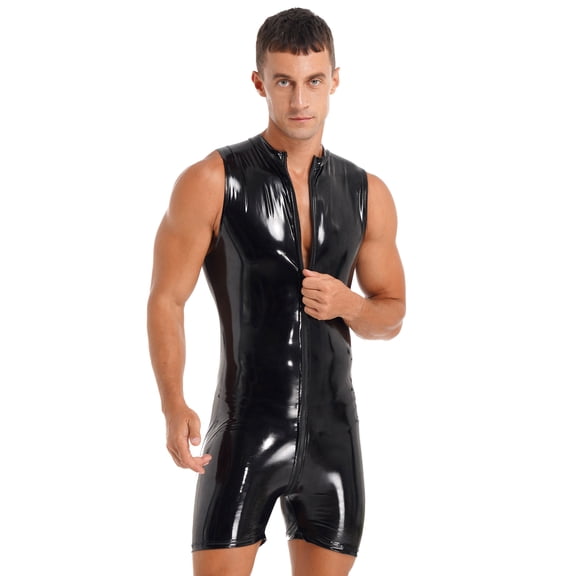 Doomiva Mens Sleeveless Patent Leather Jumpsuits Wet Look Zipper Bodysuit Club Pole Dancing Costume Black M