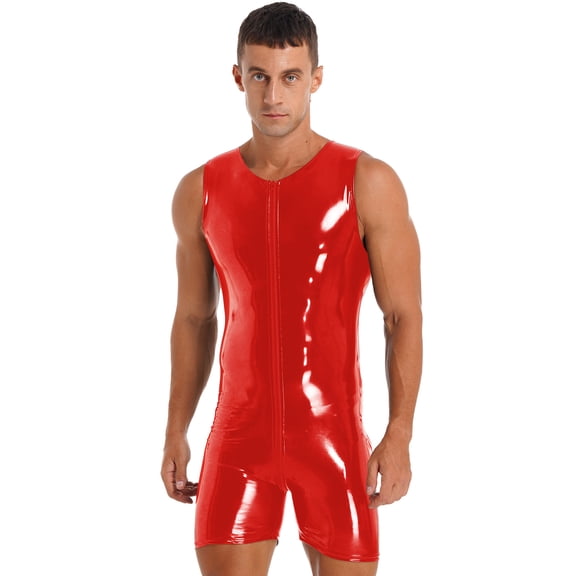 Doomiva Mens Sleeveless Patent Leather Jumpsuits Wet Look Zipper Bodysuit Club Pole Dancing Costume Red 4XL