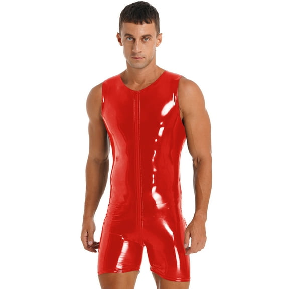 Doomiva Mens Sleeveless Patent Leather Jumpsuits Wet Look Zipper Bodysuit Club Pole Dancing Costume Red XL