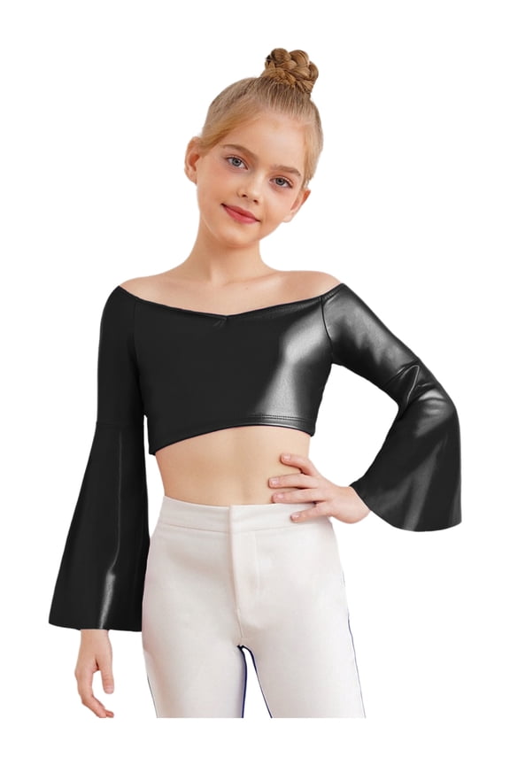Metallic Crop Top for Girls Shiny Birthday Party Off-Shoulder T-Shirt Hip Hop Jazz Ballet Dancewear Black 16