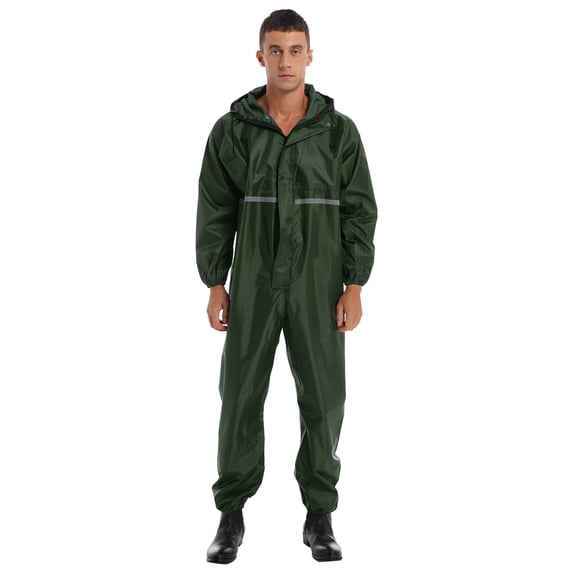 Doomiva Motorcycle Rain Suit For Men&Women One Piece Waterproof Coveralls Reflective Strip Rainsuit Dark Green L