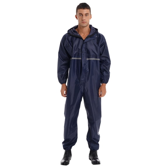 Doomiva Motorcycle Rain Suit For Men&Women One Piece Waterproof Coveralls Reflective Strip Rainsuit Navy Blue M
