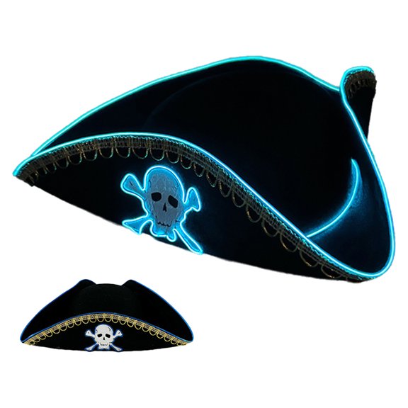 Doomiva Pirate Hat LED Skull Print Pirates Cap for Festival Theme Performance Triangular Blue One Size