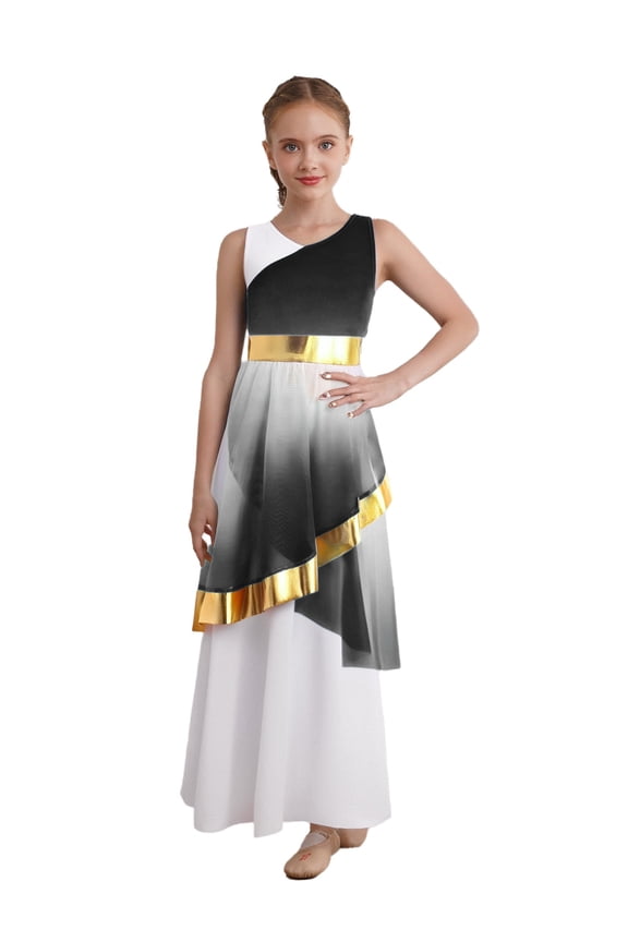 Praise Dance Dress for Girls Metallic Gradient Block Liturgical Dancewear Kids Full Length Worship Robe Tunic Black 8