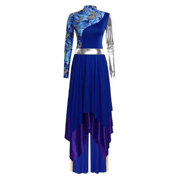 Doomiva Praise Dance Dress for Women Metallic Asymmetric Overlay + Wide Leg Pants Worship Liturgical Dancewear Blue L