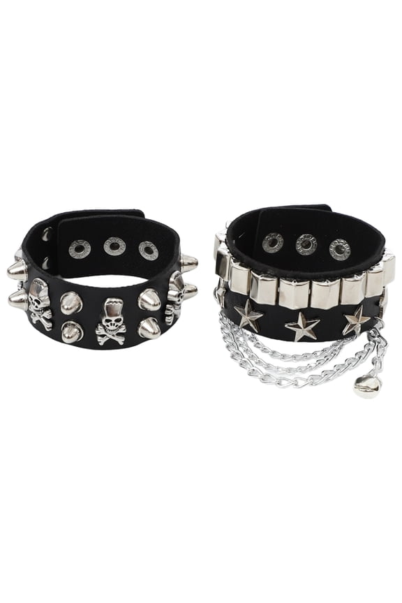Punk Rock Studded Bracelets Gothic Adjustable Leather Cuff Wristband for Men Women Carnival Party 2Pcs Black One Size